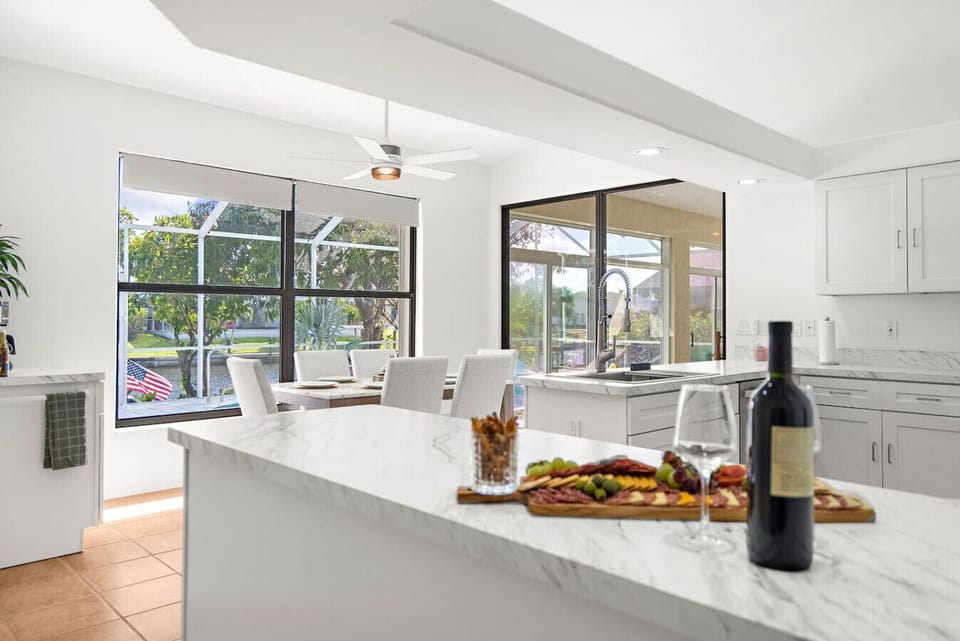 Convenient cabinet and counter space for all of your entertaining desires