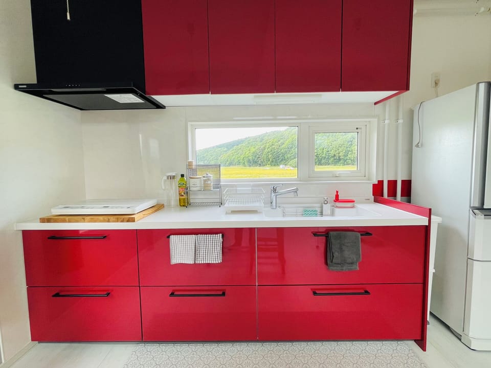Fridge, microwave, stovetop, electric kettle