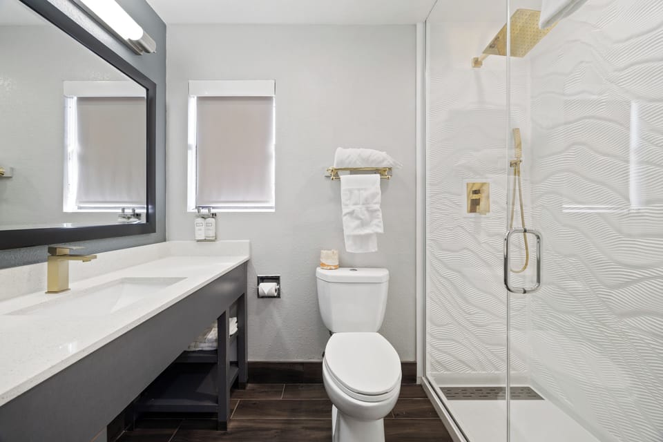 Shower, free toiletries, hair dryer, towels
