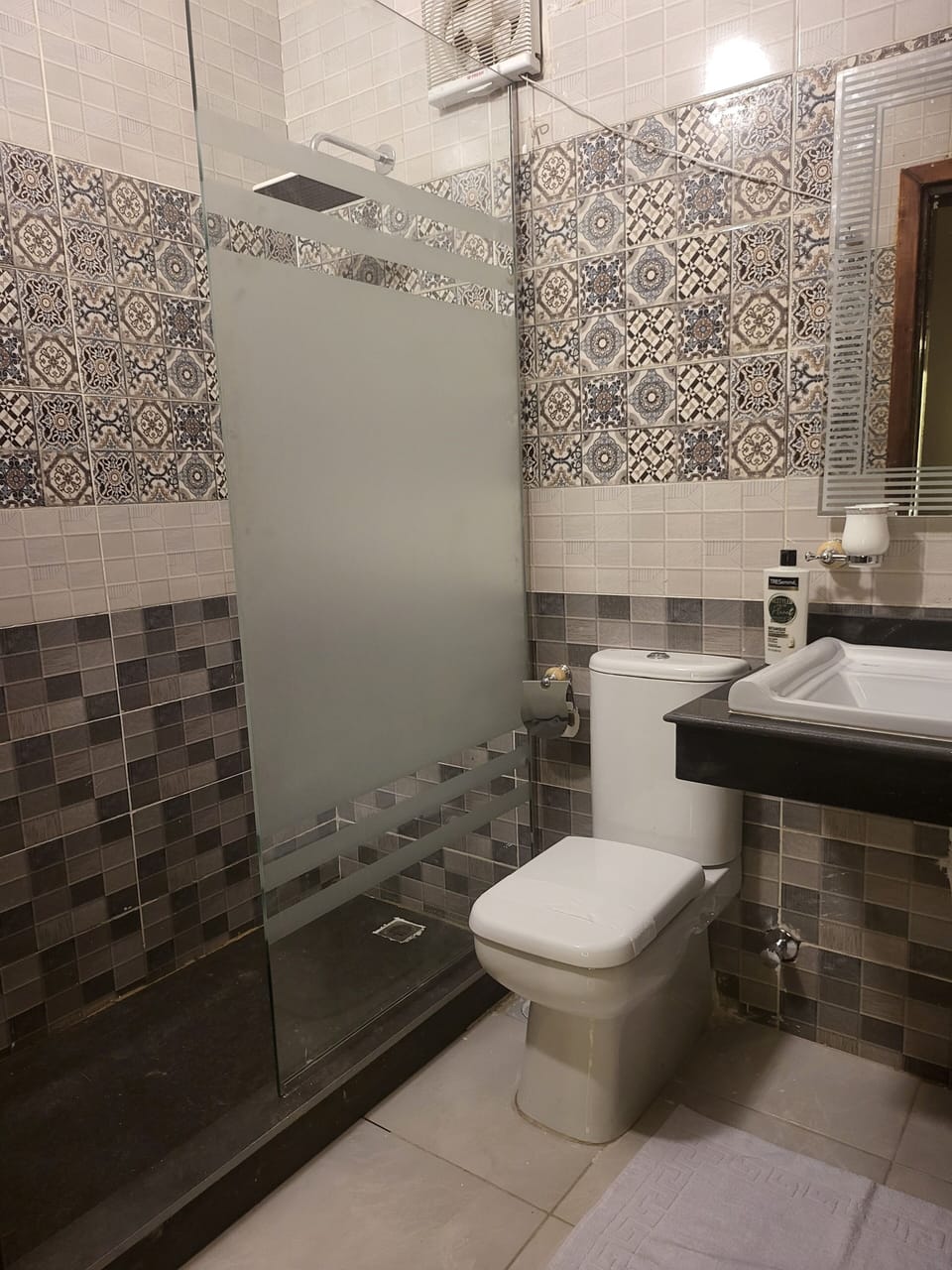 Combined shower/tub, hair dryer, towels, soap