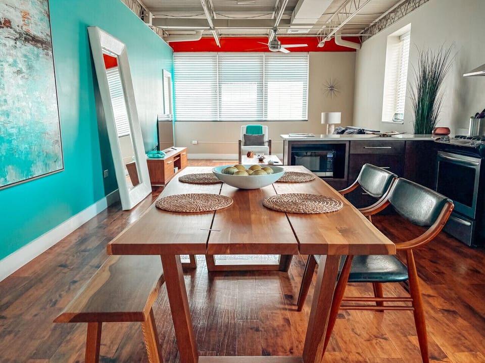 Dining table with 2 chairs and bench seating