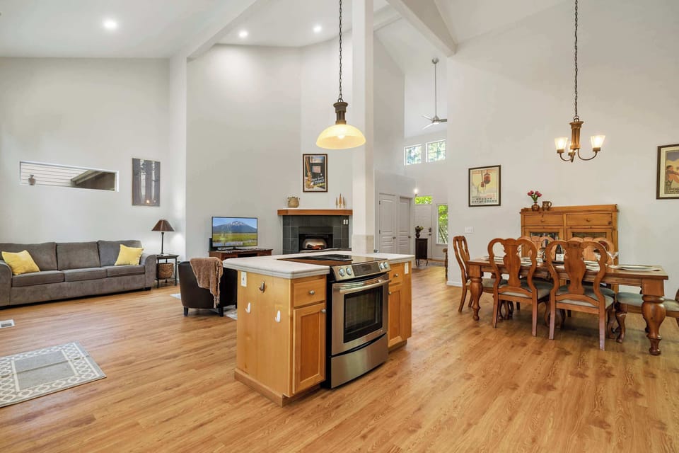 Kitchen, dining, and living area