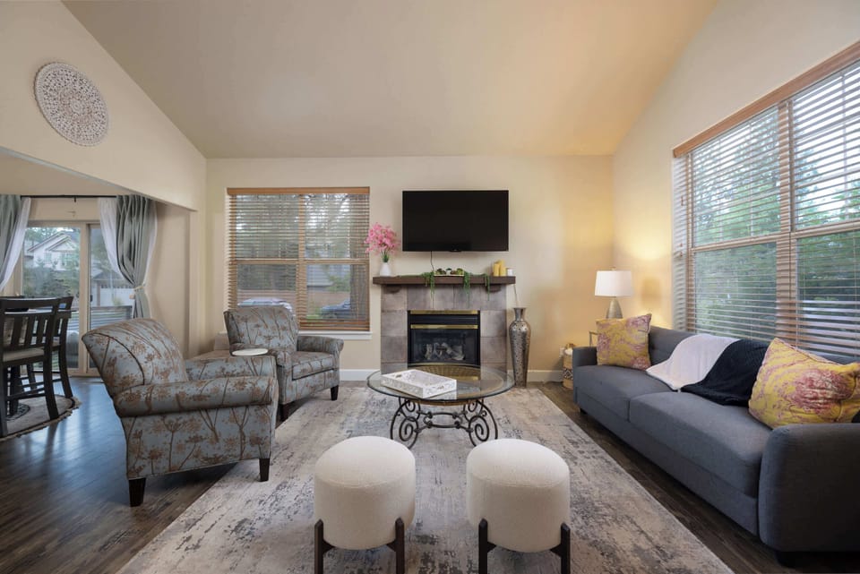 Curl up in the serene living room & stream your favorites on the smart TV