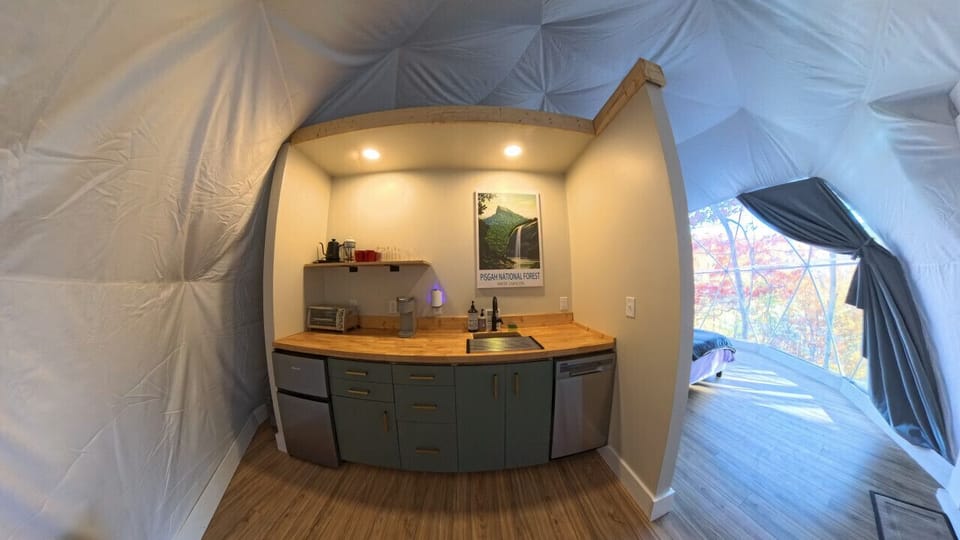 Kitchen has mini fridge, sink,mini dishwasher, plates, bowls and a hot plate for cooking.