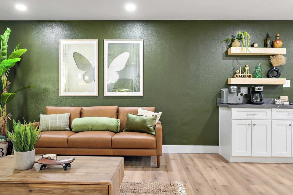 Surround yourself with nature’s calming vibes and enjoy ample seating in this peaceful living room retreat
