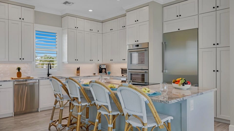 The sleek, modern kitchen has everything you need to prepare a gourmet meal for your crew...