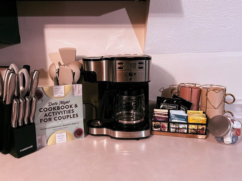 Coffe station with French press, coffee grinder, and drip coffee maker