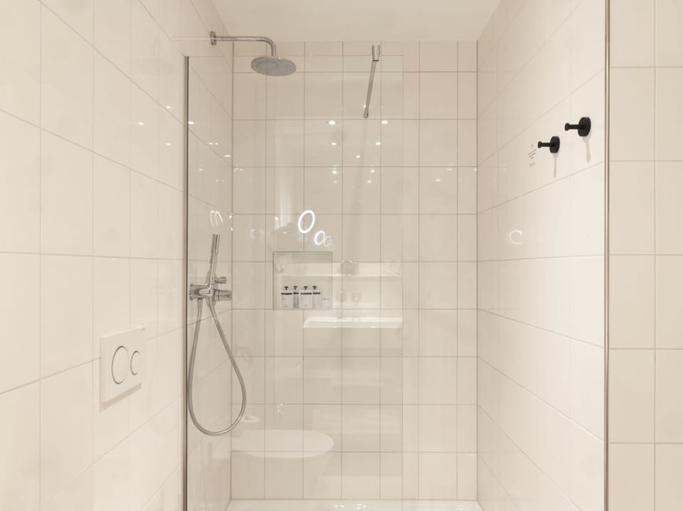Superior Apartment | Bathroom | Shower, rainfall showerhead, hair dryer, towels