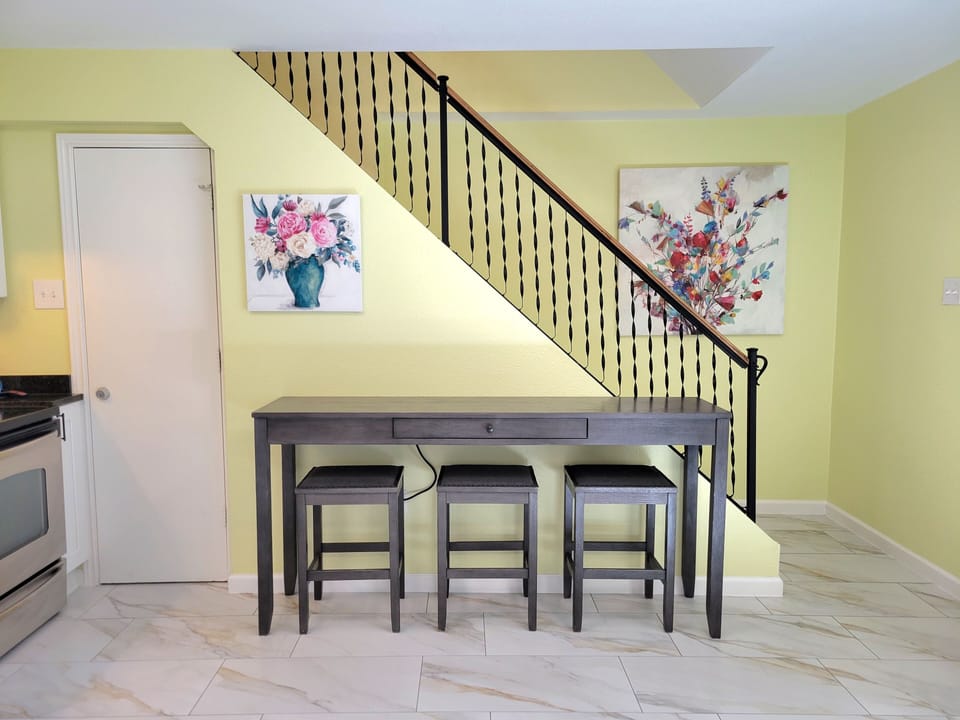 Bar seating is also available in the kitchen.