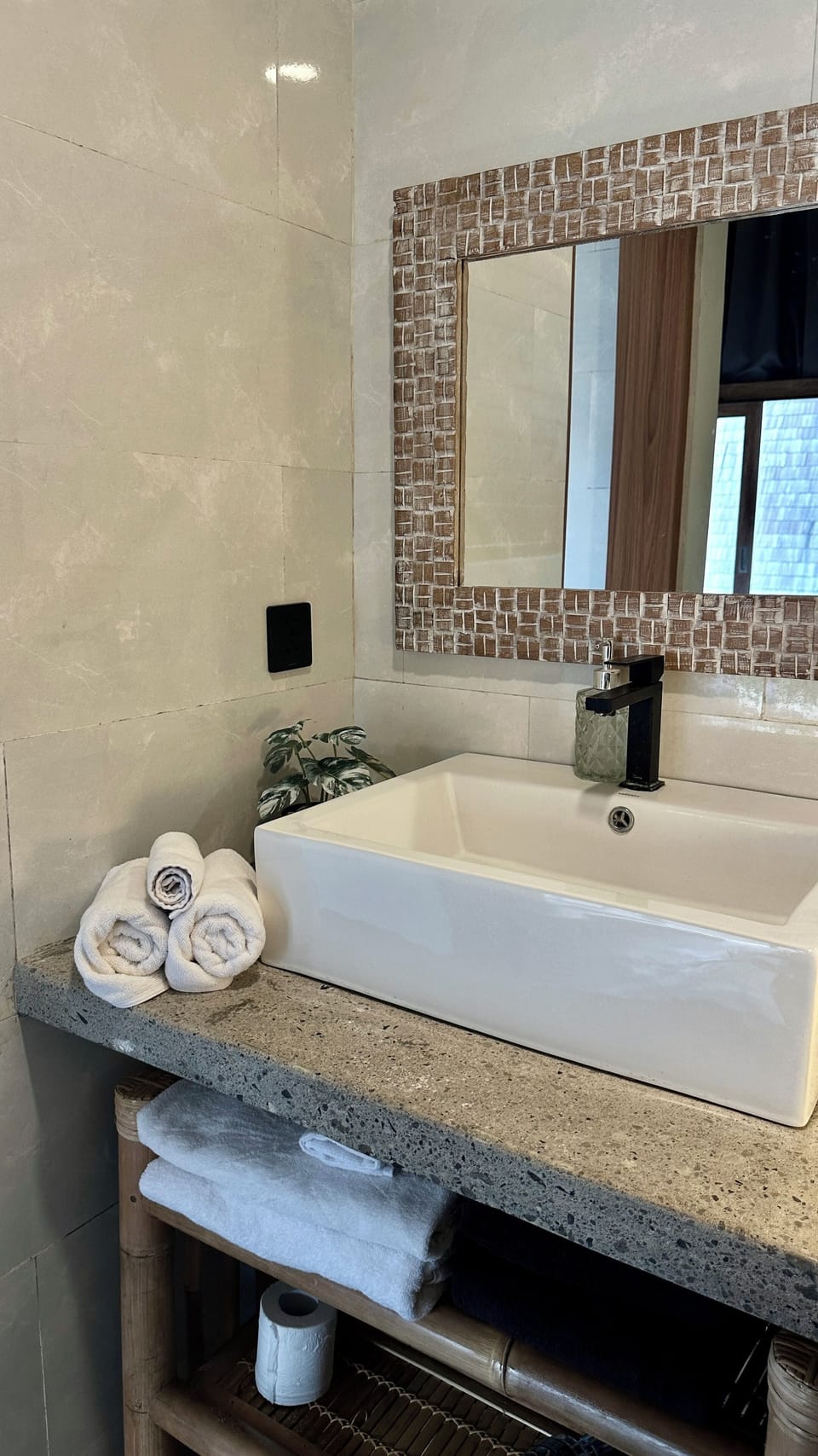 Shower, hair dryer, slippers, towels