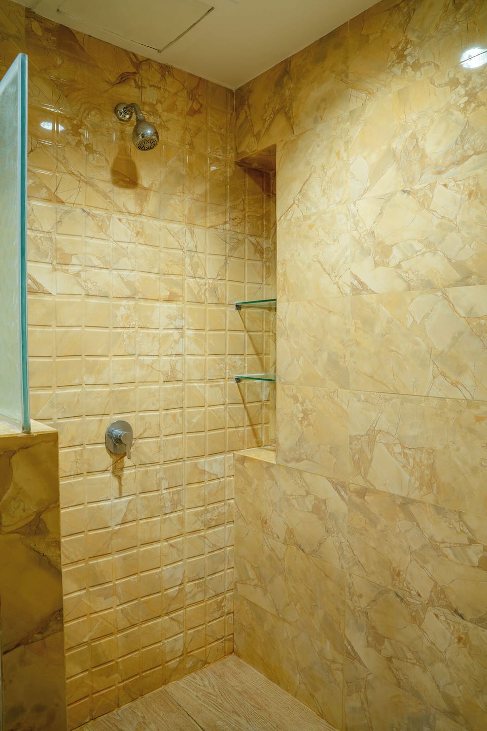 Shower, rainfall showerhead, hair dryer, slippers