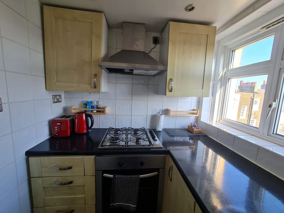 Full-size fridge, microwave, oven, stovetop