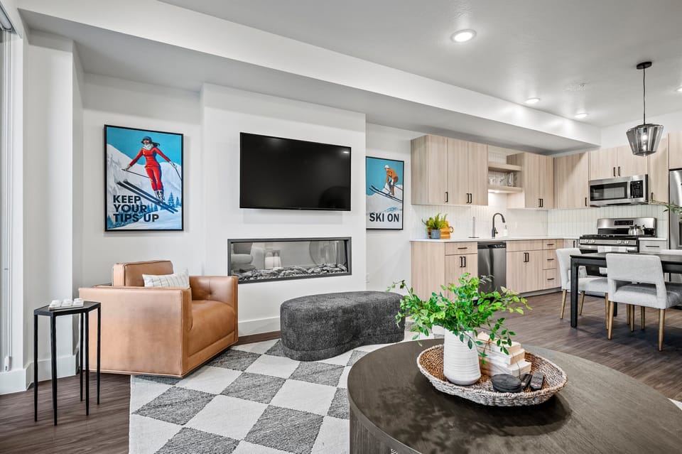 The electric fireplace adds a warm ambiance and a gentle glow.