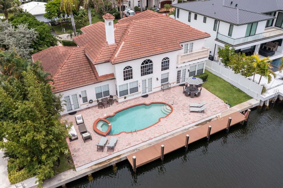 Spacious back yard with water views