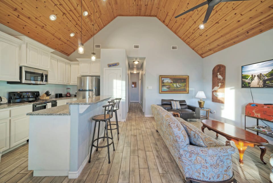 Cute and cozy interior with an open floor plan.