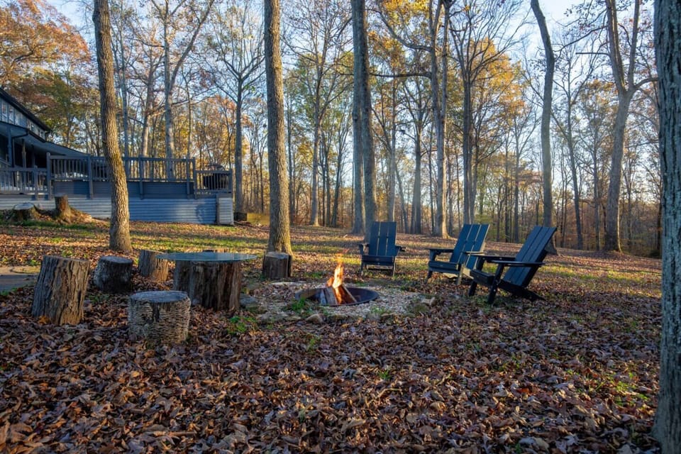 Chairs surrounding our custom fire pit; perfect for cool weather.