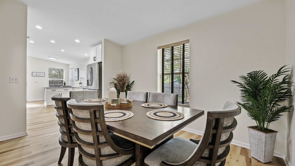 Gather for meals together at the dining table, with seating for 6