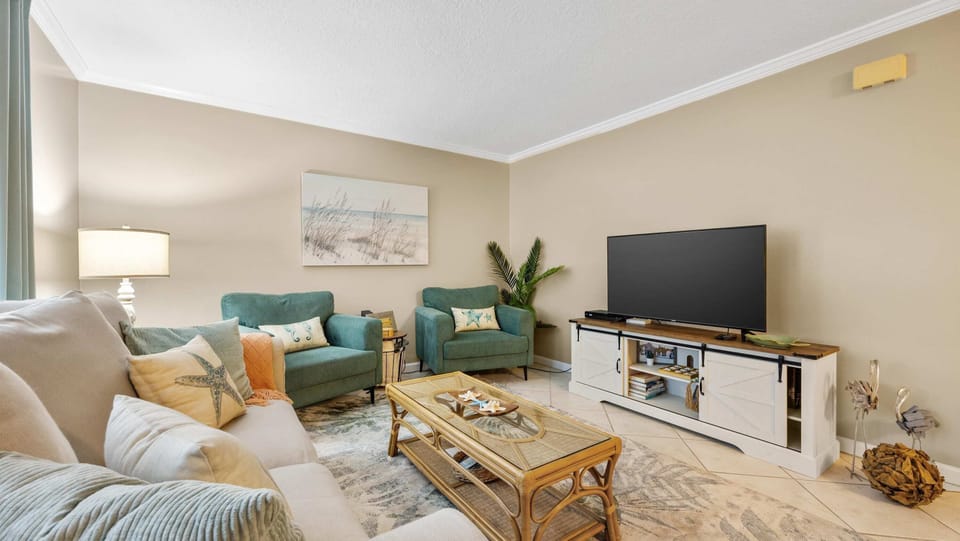 Stream all your favorite entertainment in the comfy coastal living room