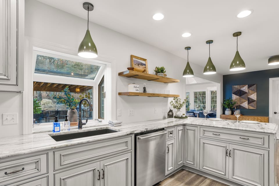 Renovated kitchen with gas range, two ovens, and everything for large meals.