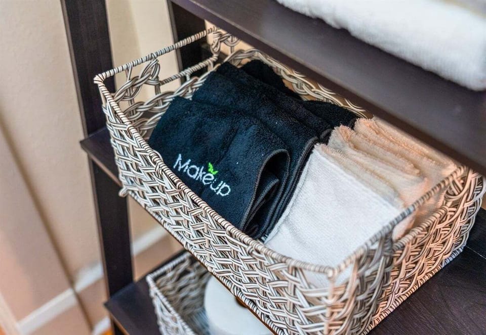 Bathroom essentials are neatly arranged in a thoughtful setup to ensure you feel comfortable and cared for during your stay.