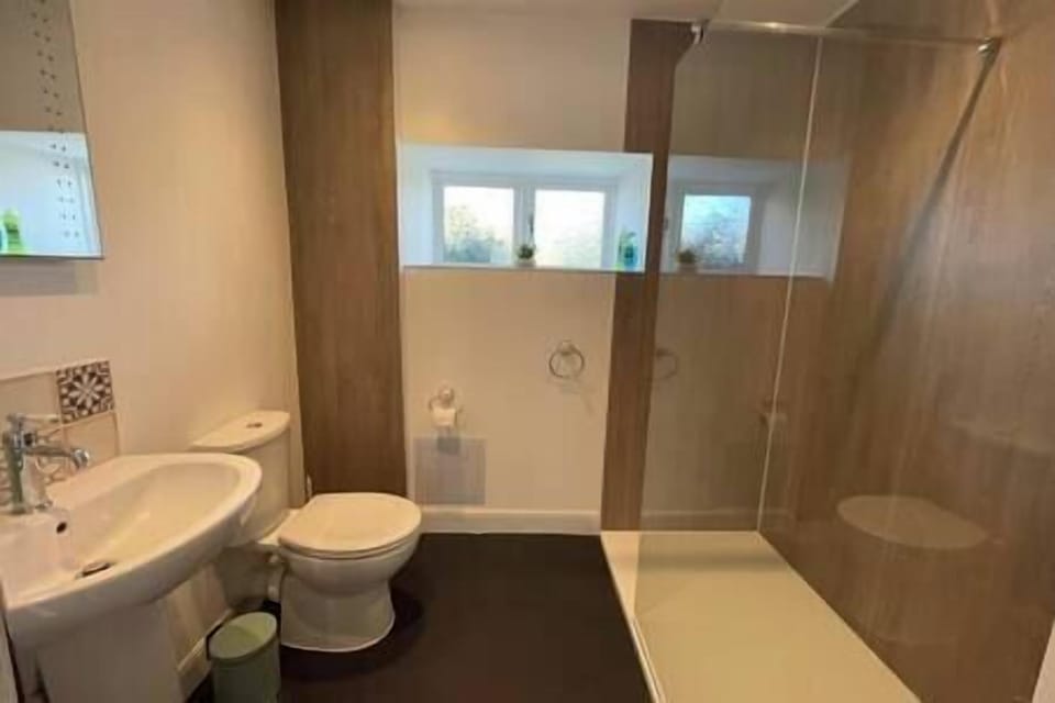 Newly renovated bathroom with walk-in shower, toilet and wash basin. 