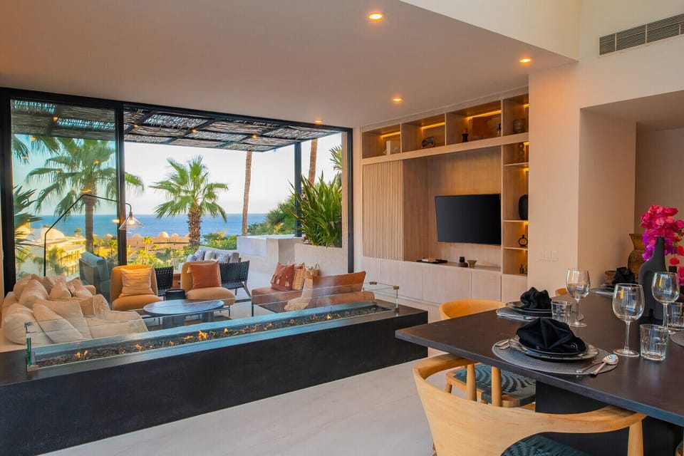 Indoor Fireplace and View