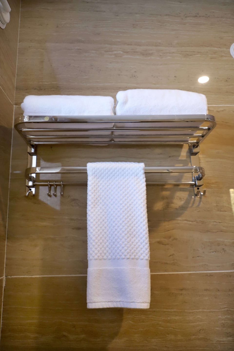 Shower, slippers, towels, soap