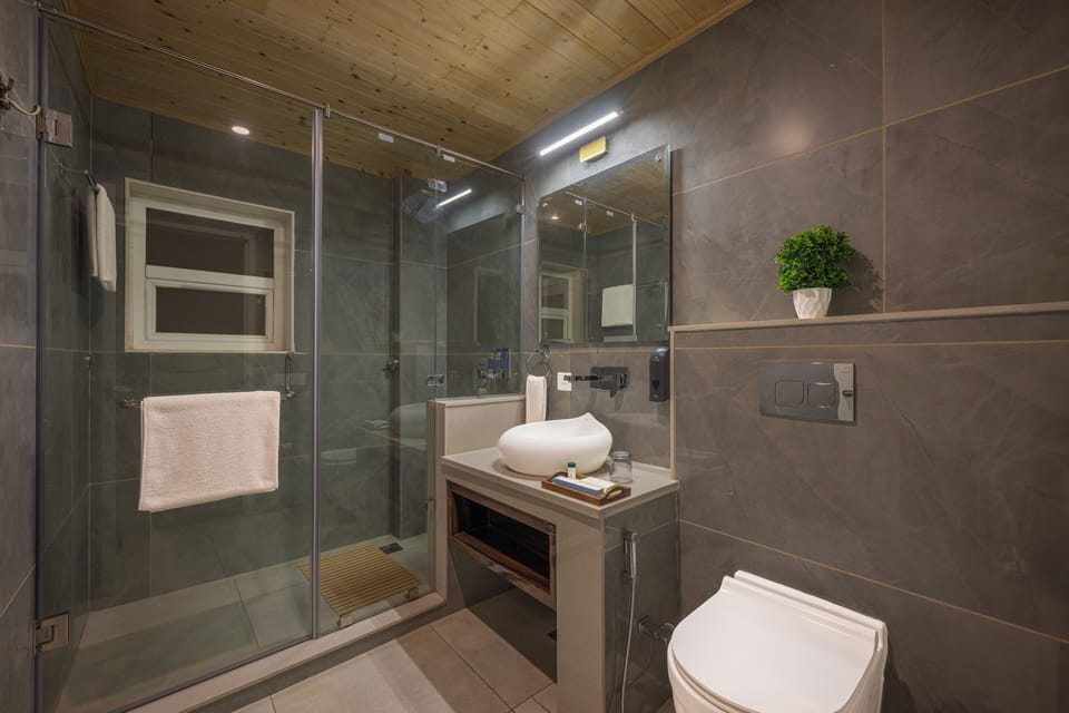 Shower, rainfall showerhead, eco-friendly toiletries, hair dryer