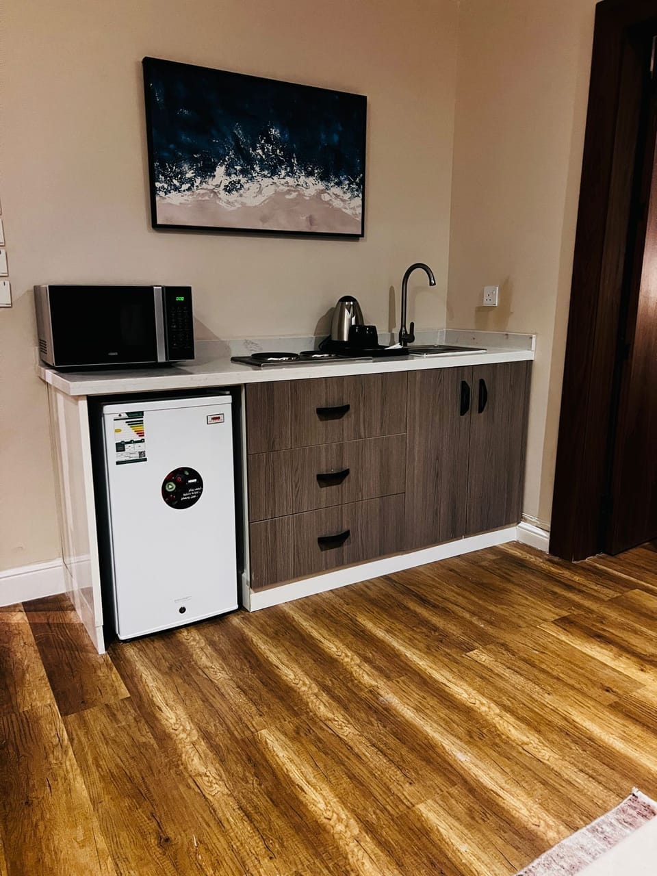 Mini-fridge, microwave, coffee/tea maker, electric kettle