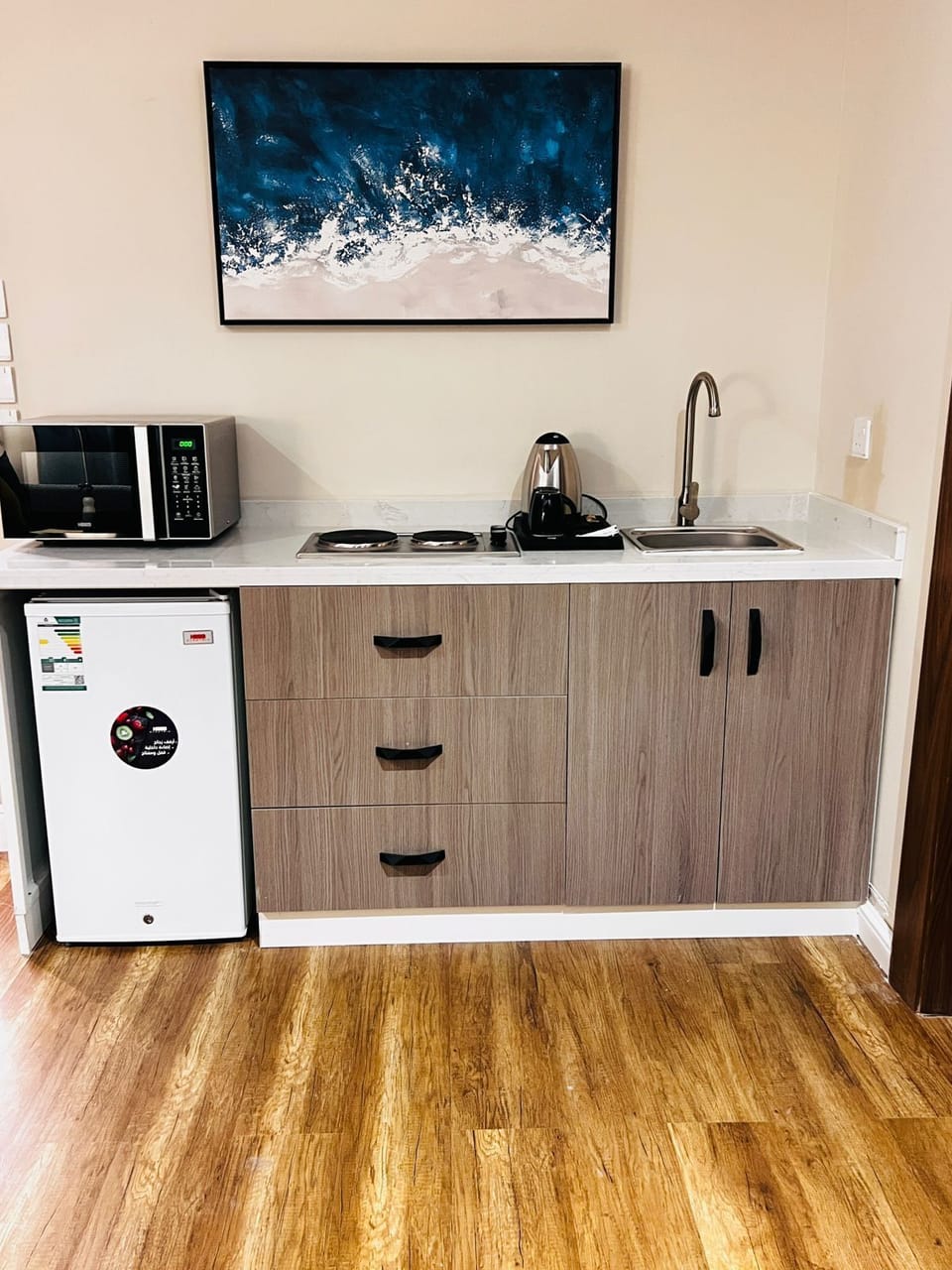Mini-fridge, microwave, coffee/tea maker, electric kettle