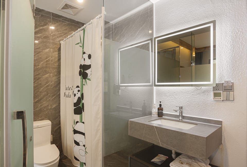 Shower, hair dryer, towels, shampoo