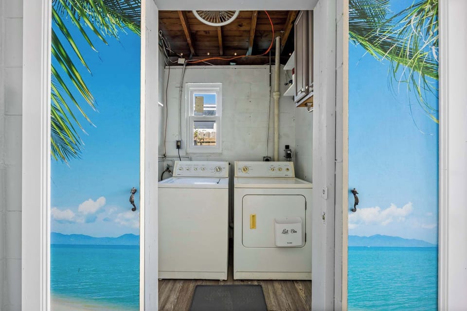 Laundry area with washer and dryer framed by tropical-themed doors.