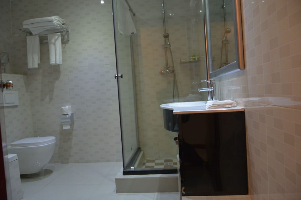 Separate tub and shower, free toiletries, hair dryer, bathrobes