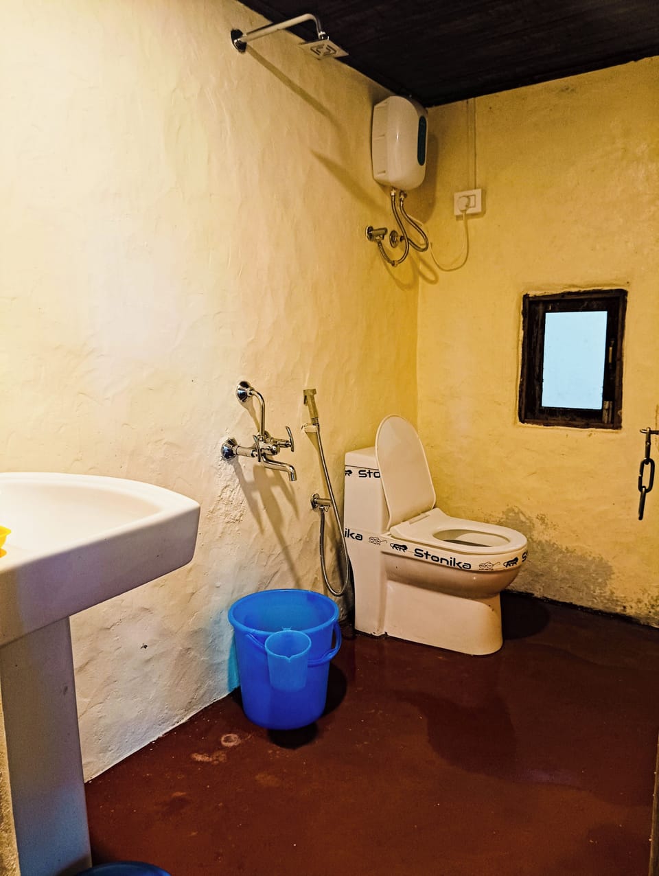 Shower, slippers, towels, soap