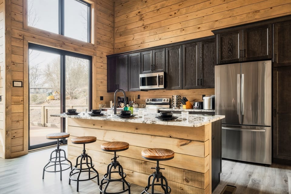 Open concept kitchen and patio doors to the upper deck