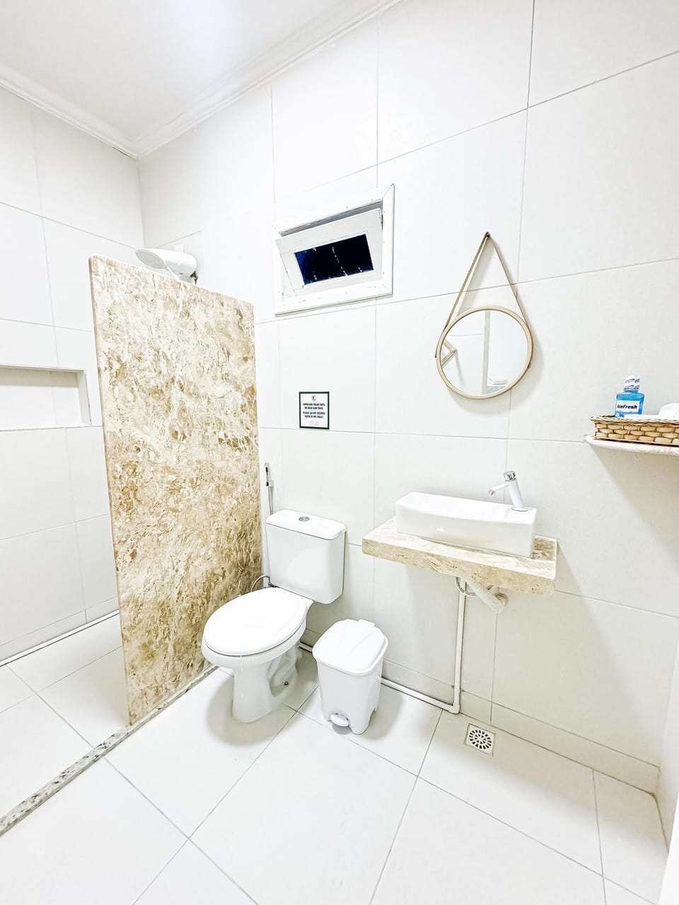 Shower, towels, toilet paper
