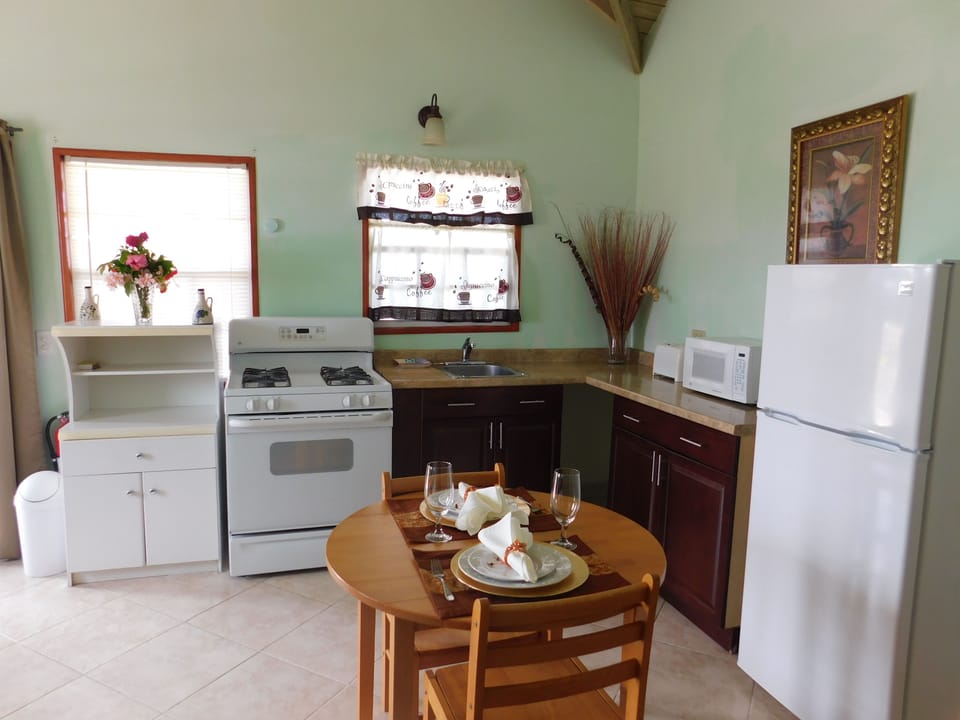 Coffee/tea maker, full-size fridge, microwave, oven