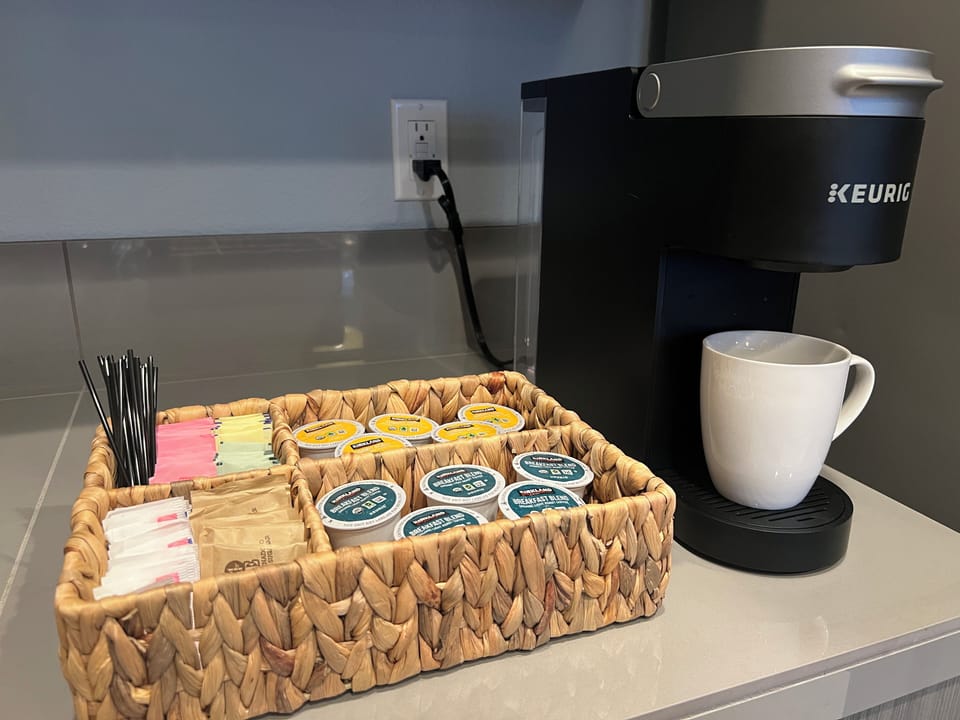 Coffee station with Keurig, 10 pods, grinder, pour-over (beans not included)