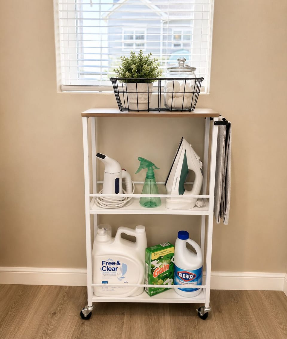 Laundry room. Steamer iron wool dryer balls, and bleach provided.
