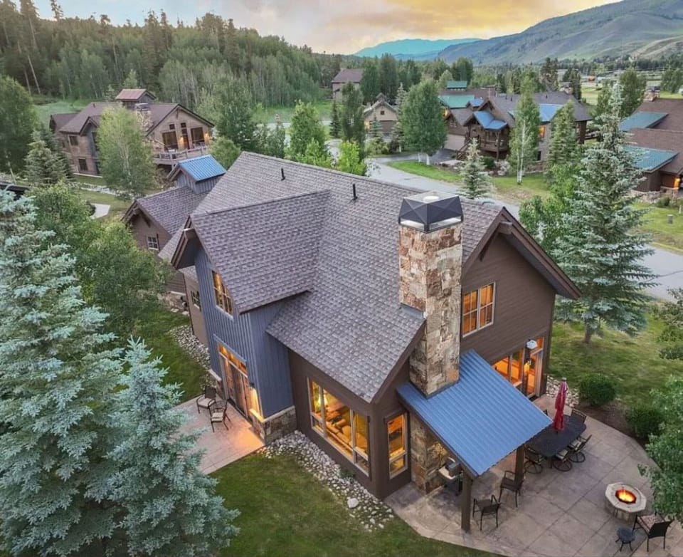 Ariel view of the home, views, patio and firepit