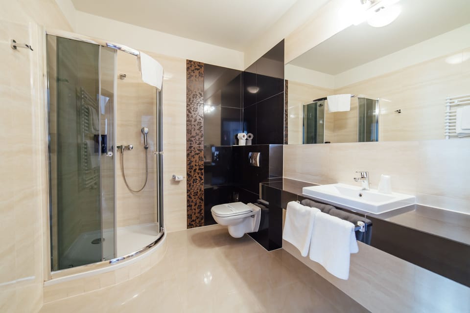Shower, eco-friendly toiletries, hair dryer, towels