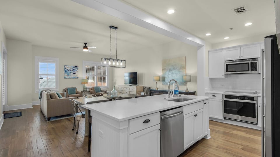 Condo, Multiple Beds, Patio, Garden View (Redfish Village M-2 422 - Deja Blue) | Private kitchen | Fridge, microwave, oven, stovetop
