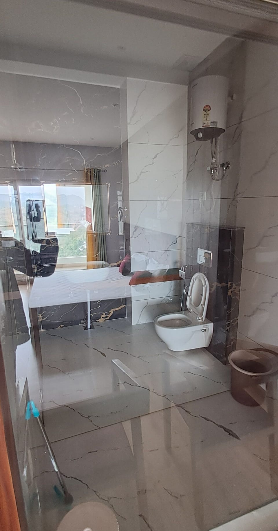 Shower, slippers, towels, soap
