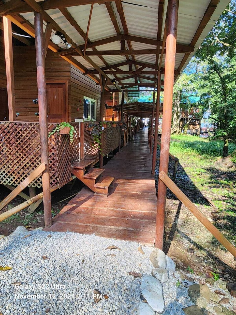 The cabin has a front porch that overlooks the jungle.