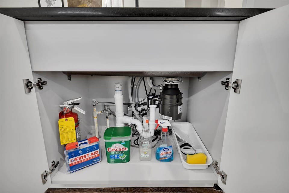 Under-sink storage area w/ cleaning supplies neatly arranged