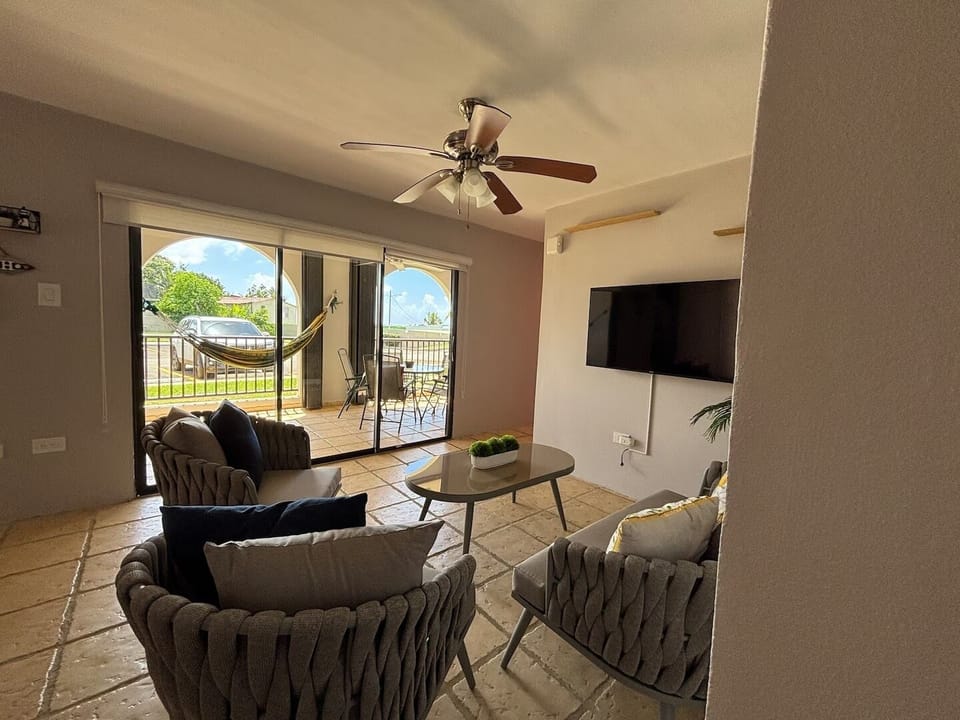 Living area connects with spacious balcony