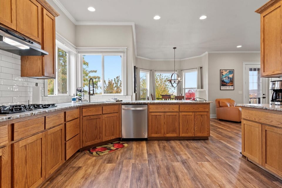 Fully stocked kitchen with ample space for meal prep for a larger group.