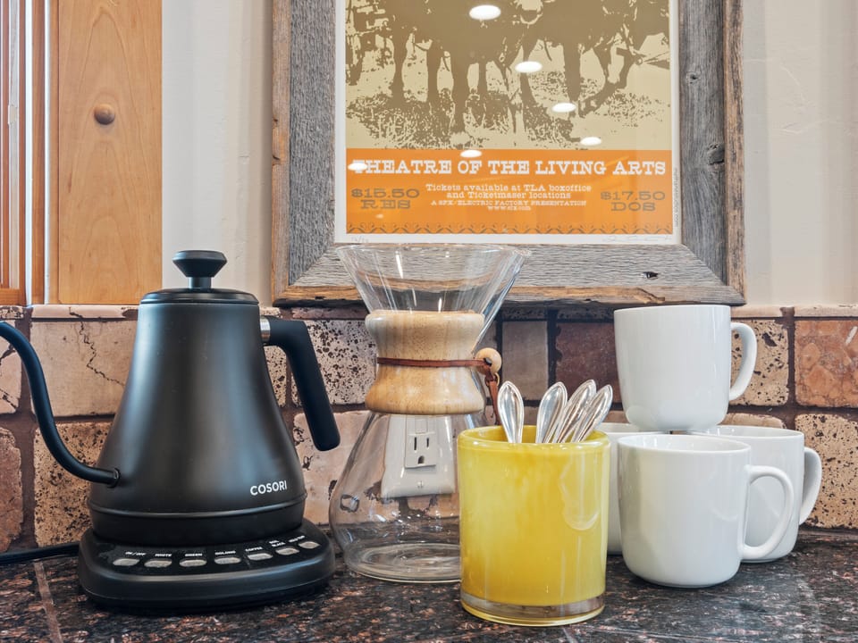 Various coffee options including drip coffee maker and pour over