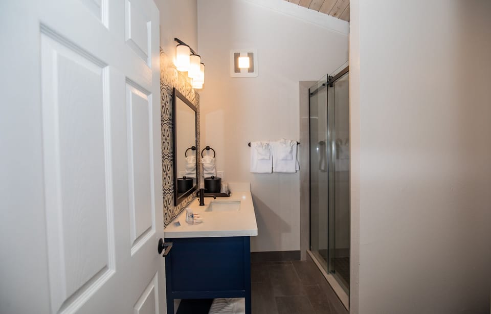 Hair dryer, towels, soap, shampoo