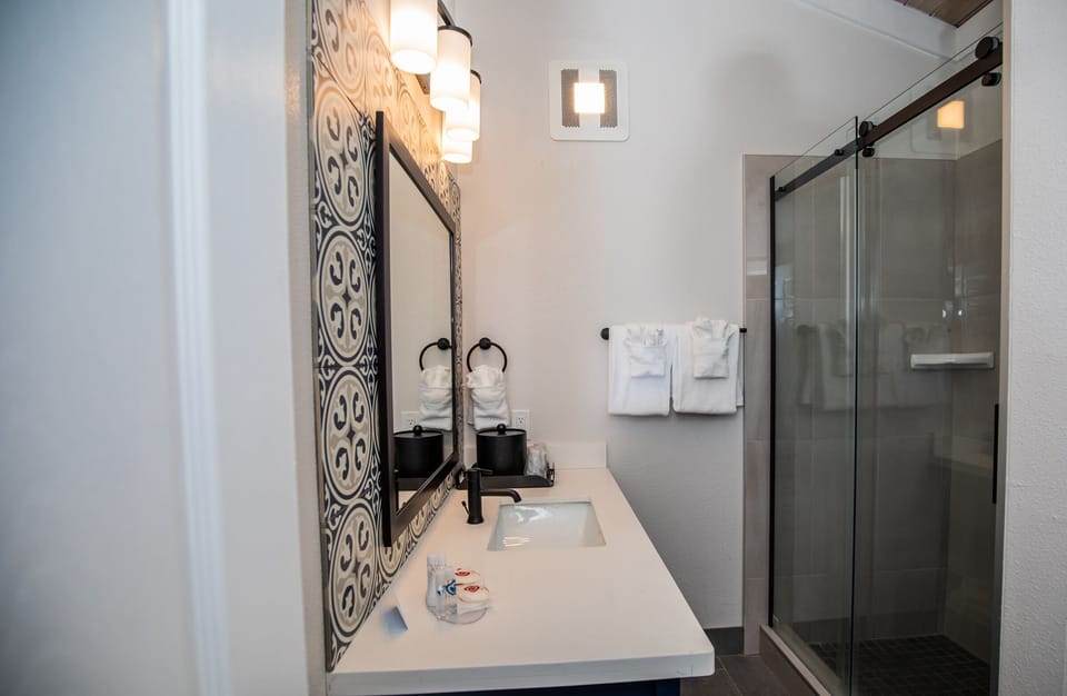 Hair dryer, towels, soap, shampoo